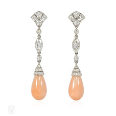 Art Deco diamond and angel skin coral earrings