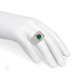 Art Deco diamond and emerald plaque ring