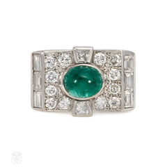 Art Deco diamond and emerald plaque ring
