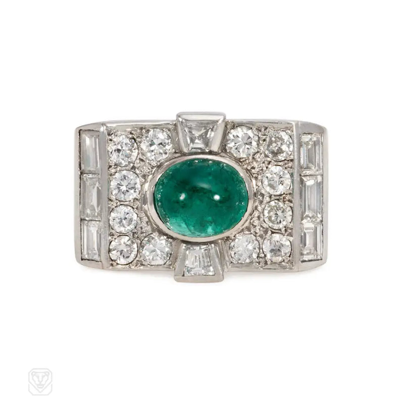 Art Deco Diamond And Emerald Plaque Ring