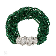 Art Deco diamond and emerald torsade bracelet
