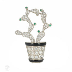 Art Deco diamond and enamel cactus brooch