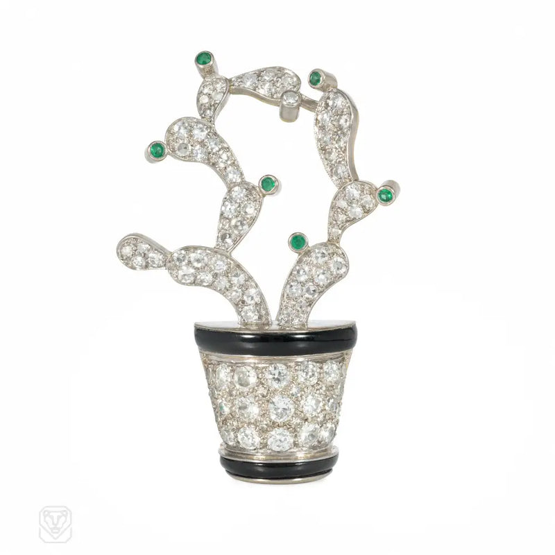 Art Deco Diamond And Enamel Cactus Brooch