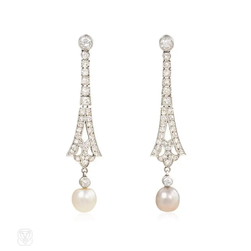 Art Deco Diamond And Grey White Pearl Earrings