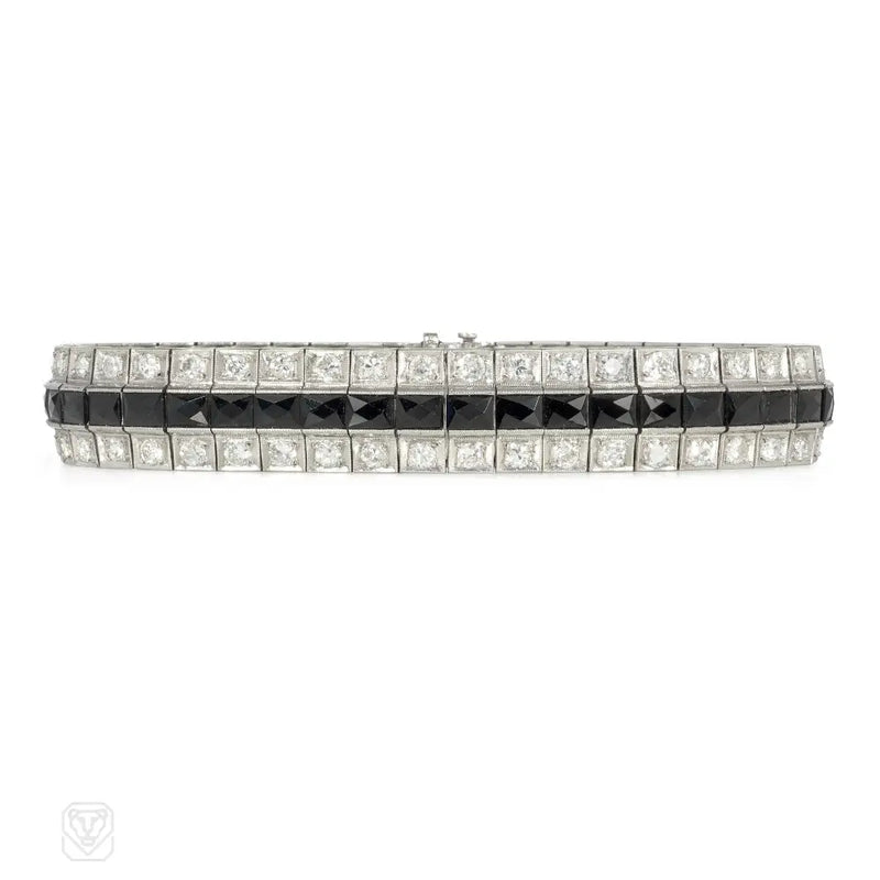 Art Deco Diamond And Onyx Three Row Line Bracelet