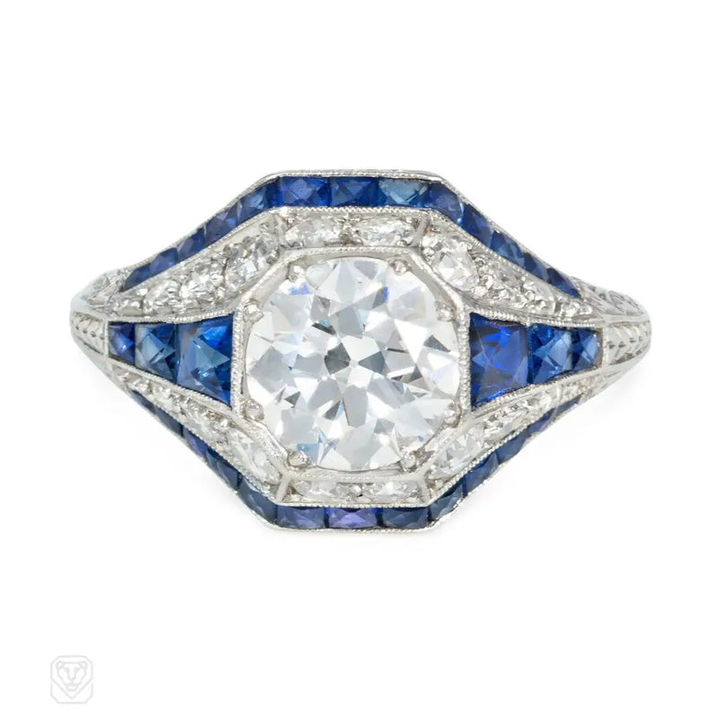 Art Deco Diamond And Sapphire Tapered Engagement Ring