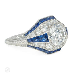 Art Deco diamond and sapphire tapered engagement ring