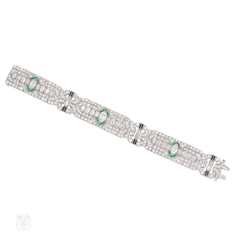 Art Deco Diamond Bracelet With Emerald And Onyx Accents