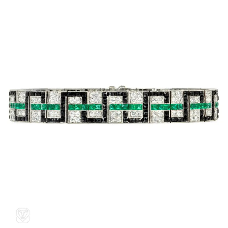 Art Deco diamond bracelet with french-cut onyx and emeralds