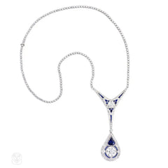 Art Deco diamond lavalier with Palin sapphire and diamond pendant
