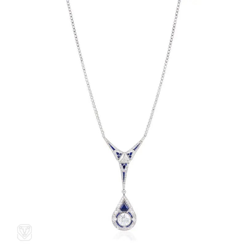 Art Deco Diamond Lavalier With Palin Sapphire And Pendant