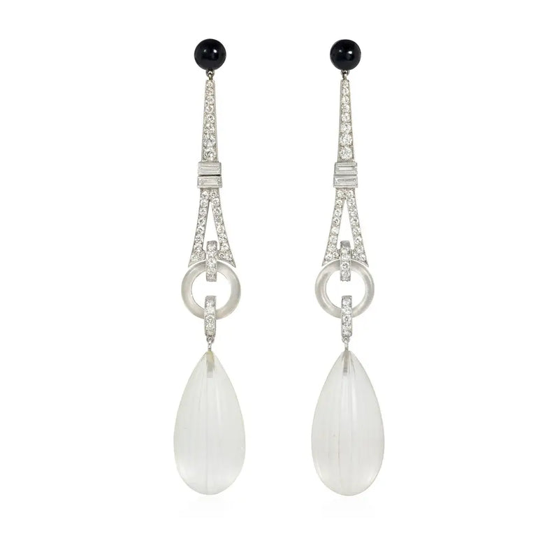 Art Deco diamond onyx and rock crystal pendant earrings