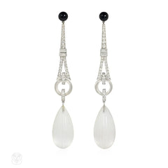 Art Deco diamond, onyx, and rock crystal pendant earrings