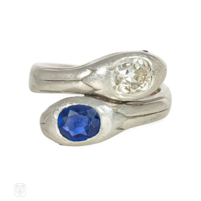 Art Deco Diamond Sapphire And Platinum Snake Ring