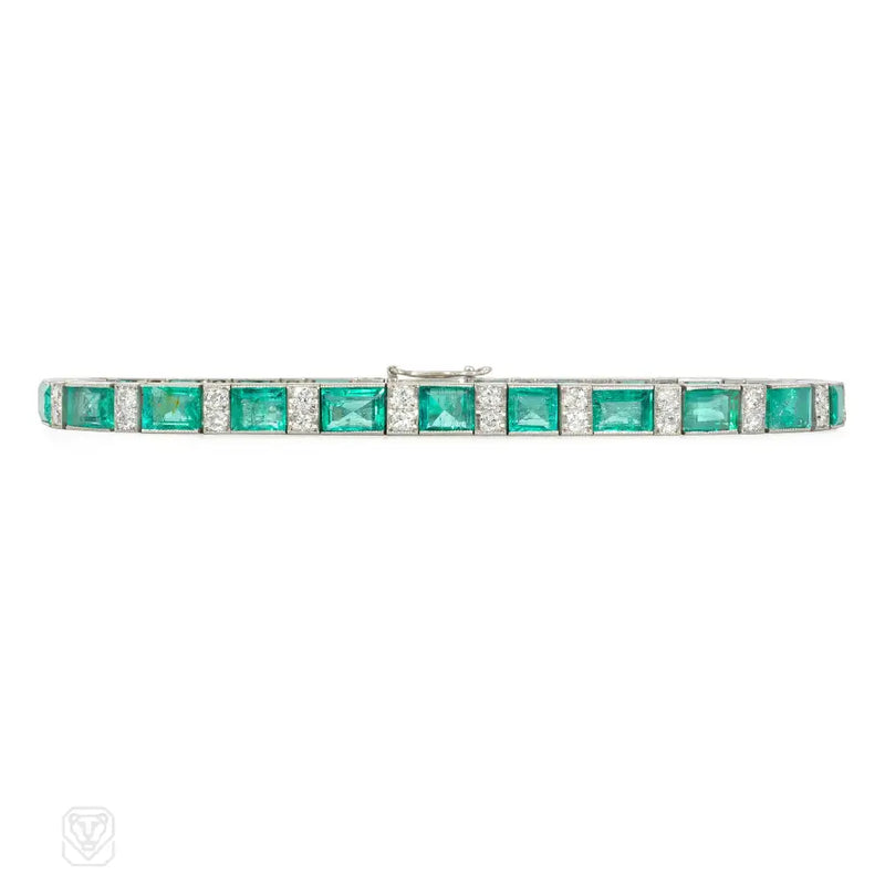 Art Deco emerald and diamond line bracelet