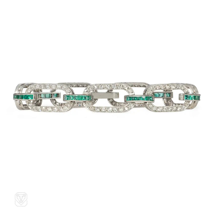 Art Deco Emerald And Diamond Link Bracelet