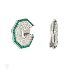 Art Deco emerald and diamond octagonal earrings