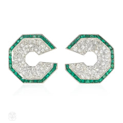 Art Deco emerald and diamond octagonal earrings
