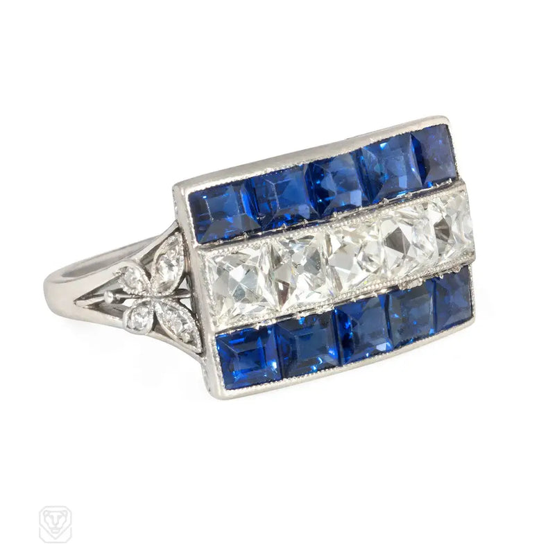 Art Deco French - Cut Diamond And Sapphire Ring