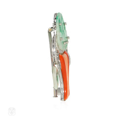 Art Deco French diamond, jade, and coral topiary brooch