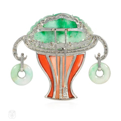 Art Deco French diamond, jade, and coral topiary brooch