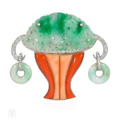 Art Deco French diamond, jade, and coral topiary brooch