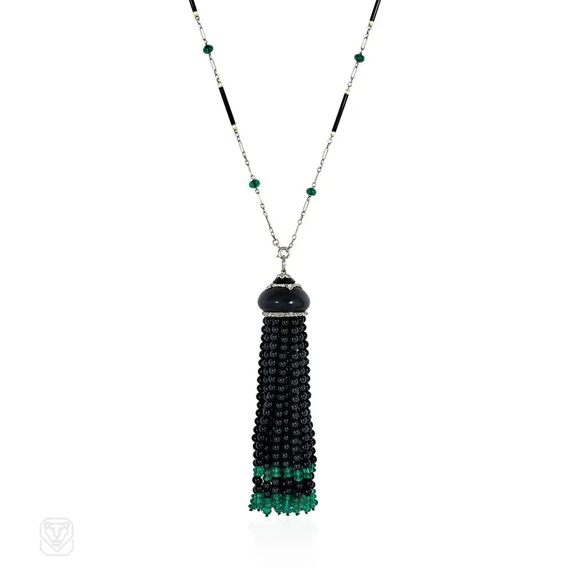 Art Deco French Onyx Emerald Enamel And Diamond Tassel Necklace