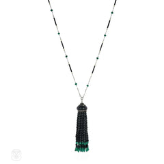 Art Deco French onyx, emerald, enamel, and diamond tassel necklace
