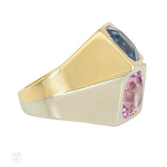 Art Deco geometric stacked sapphire and topaz ring