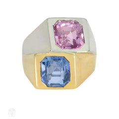 Art Deco geometric stacked sapphire and topaz ring