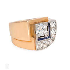 Art Deco gold, diamond and calibré sapphire ring