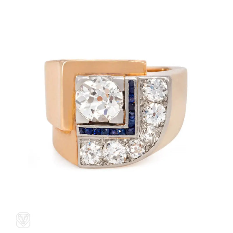 Art Deco Gold Diamond And Calibré Sapphire Ring