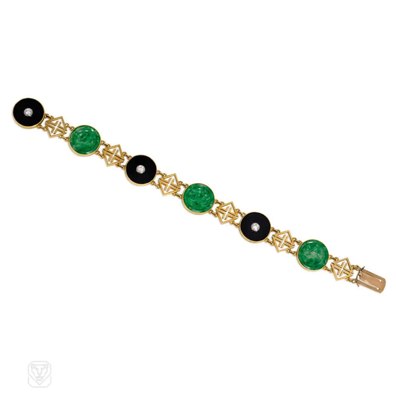 Art Deco Gold Jade And Onyx Link Bracelet. Tiffany