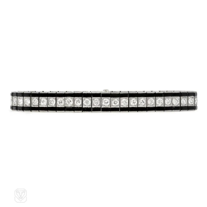 Art Deco J.E. Caldwell onyx diamond and platinum line bracelet