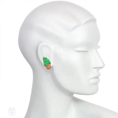 Art Deco jade and coral clip earrings