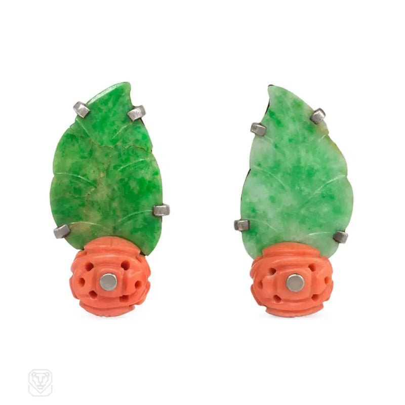 Art Deco Jade And Coral Clip Earrings