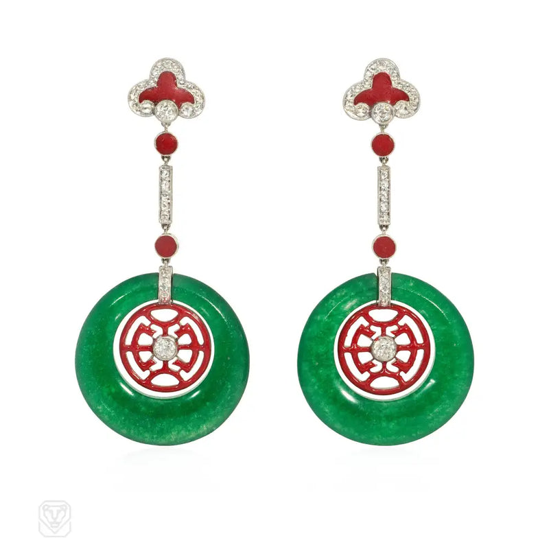 Art Deco jade and red laquer earrings