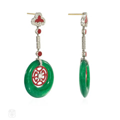 Art Deco jade and red laquer earrings