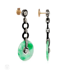 Art Deco jade, onyx, and diamond earrings, French import