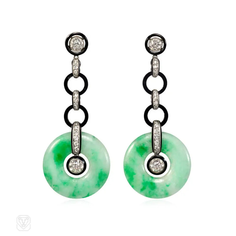 Art Deco Jade Onyx And Diamond Earrings French Import