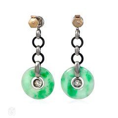 Art Deco jade, onyx, and diamond earrings, French import