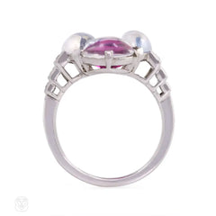 Art Deco moonstone, ruby, and diamond ring.
