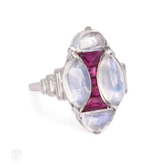Art Deco moonstone, ruby, and diamond ring.