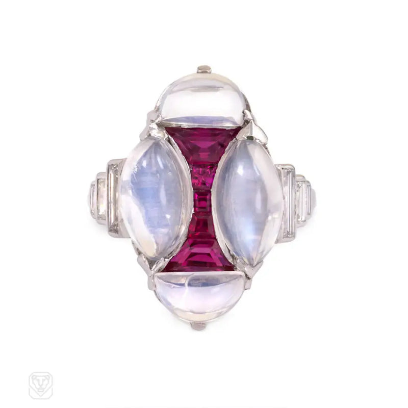 Art Deco Moonstone Ruby And Diamond Ring.