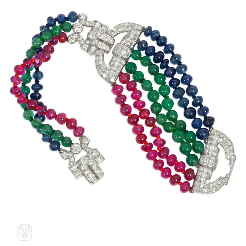 Art Deco Multi - Gem Bead And Diamond Bracelet