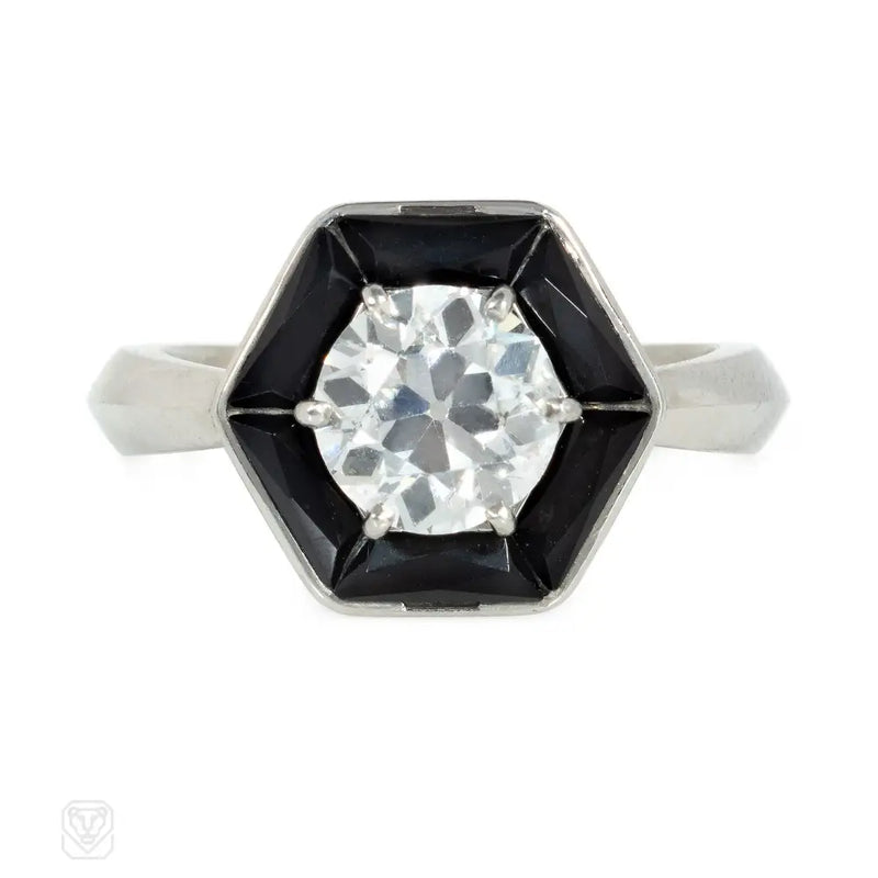 Art Deco onyx and diamond hexagonal ring