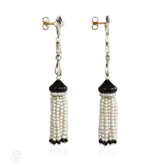 Art Deco onyx and pearl tassel earrings, France