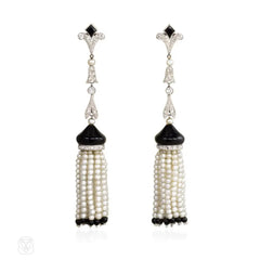 Art Deco onyx and pearl tassel earrings, France