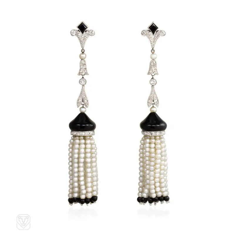 Art Deco Onyx And Pearl Tassel Earrings France