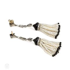 Art Deco onyx and pearl tassel earrings, France